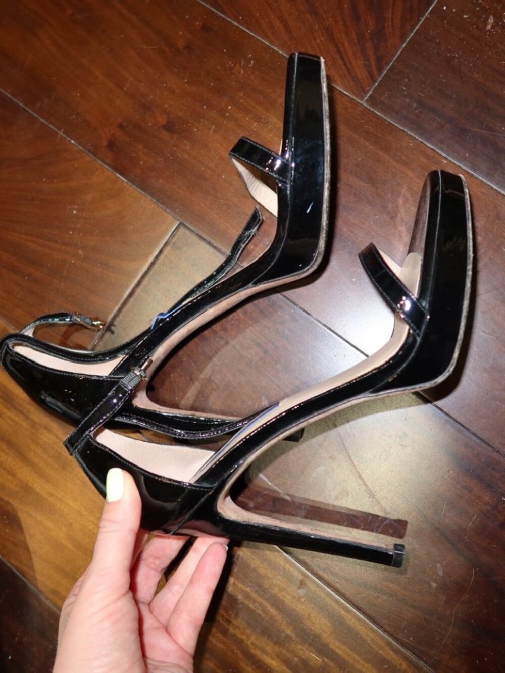 The NUDISTSONG Stuart Weitzman Black Patent Leather Sandals
